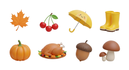 3d render of autumn and thanksgiving elements set, isolated on transparent background