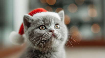British Shorthair kitten in Santa hat