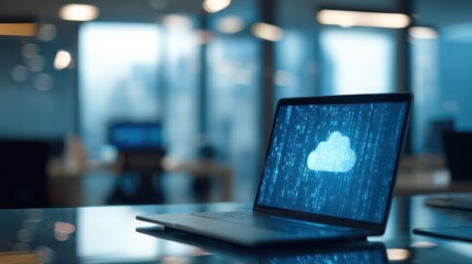 Professional desk setup with a cloud upload icon on a blue code background