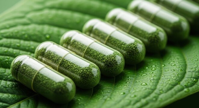 Close up of green kratom capsules on a leaf with water droplets