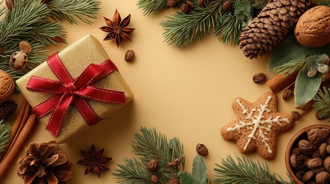 Christmas Decorations with Gift Box, Pine Cones, Star Anise, Cinnamon Sticks, Walnuts, and Gingerbread Cookie on Beige Background