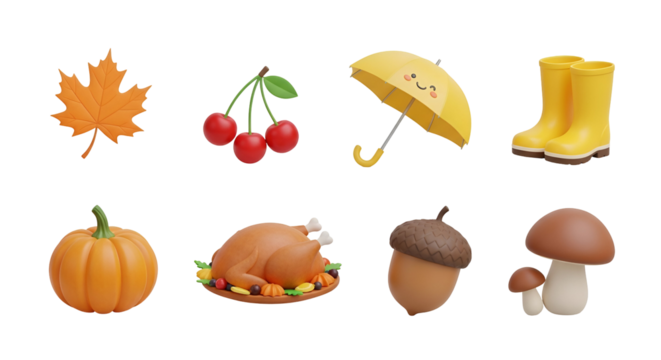 3d render of autumn and thanksgiving elements set, isolated on transparent background