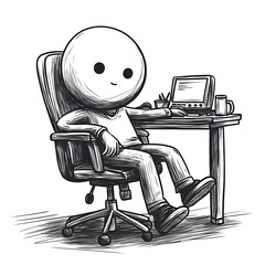 Optimistic Stick Figure Character Enjoying Productive Laptop Work in a Comfortable Office Chair