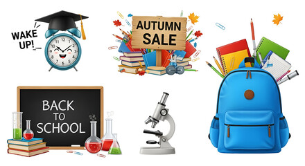 Back to school and autumn sale concept with various educational items, alarm clock, and backpack isolated on transparent background