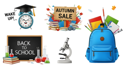Back to school and autumn sale concept with various educational items, alarm clock, and backpack isolated on transparent background