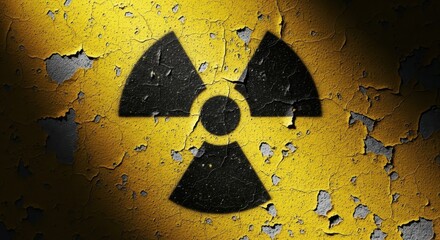 Radioactive hazard sign painted on a cracked yellow wall in dark lighting
