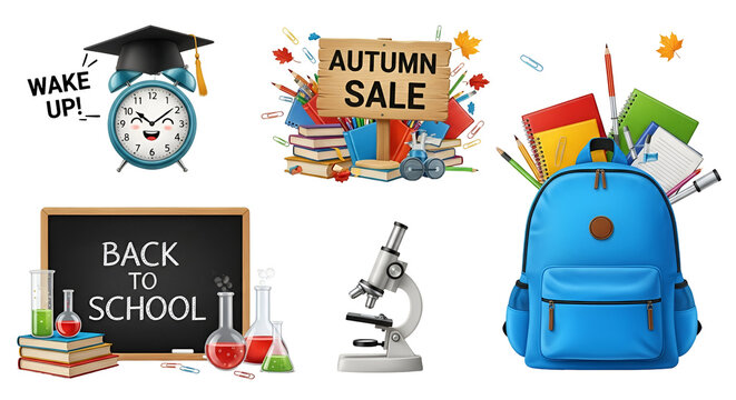 Back to school and autumn sale concept with various educational items, alarm clock, and backpack isolated on transparent background