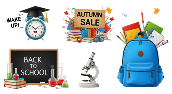 Back to school and autumn sale concept with various educational items, alarm clock, and backpack isolated on transparent background