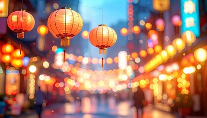 A street scene illuminated by numerous glowing Chinese lanterns, with blurred figures and buildings in the background.