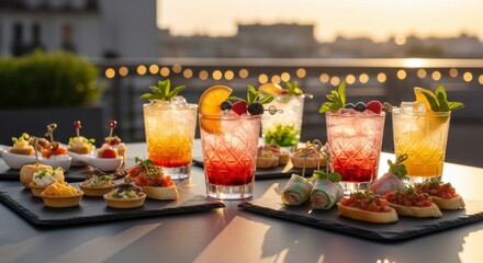 Colorful Cocktail Drinks and Appetizers on Sunset Rooftop Table © Anggree