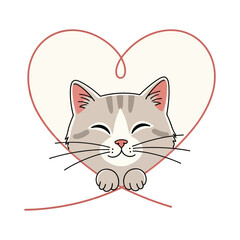 Cute tabby cat with heart shaped outline isolated on white background illustration