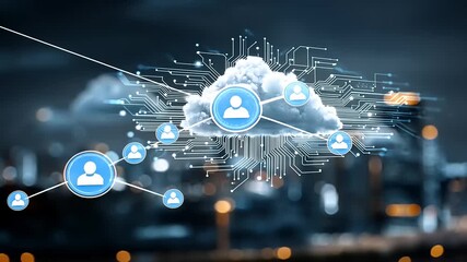 Cloud computing network with user icons and digital connections over a city skyline at night - Powered by Adobe