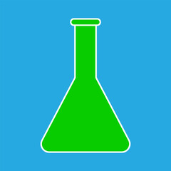 A simplistic green laboratory flask icon with a white outline on a solid blue background representing scientific research and experimentation