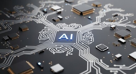 futuristic ai processor with silver pathways and scattered electronic parts illuminated by cool lighting