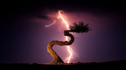 bent. A lone gnarled tree silhouetted against a stormy sky with lightning. travel magazines, destination branding, designed for outdoor magazines and nature guides and travel destination branding.