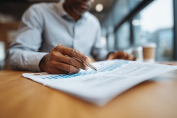 Close-up of Singaporean analyst highlighting report with safe controlled hand.
