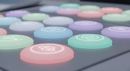 Array of illuminated, pastel-colored circular controls displays subtle icons