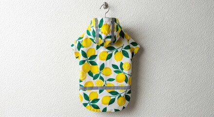 Vibrant lemon-themed dog raincoat with hood on textured white wall