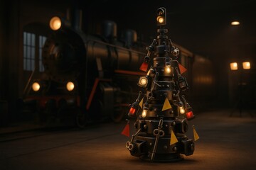 A Unique Artistic Fusion of Steam Engine and Christmas Spirit Featuring an Engineered Tree Adorned with Tools and Lights in a Vintage Workshop Setting