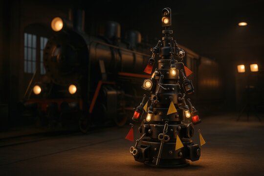 A Unique Artistic Fusion of Steam Engine and Christmas Spirit Featuring an Engineered Tree Adorned with Tools and Lights in a Vintage Workshop Setting