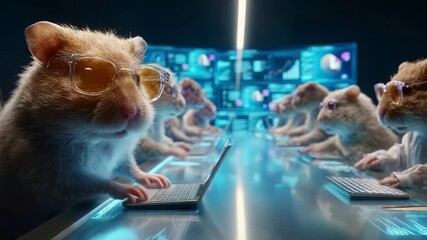 A group of meticulously organized hamsters, sporting stylish sunglasses, engages in a high-tech meeting at a futuristic conference table with glowing laptops, diligently analyzing data on large - Powered by Adobe