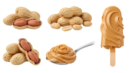 Collection of peanuts in shell, shelled peanuts, creamy peanut butter on a spoon, and a peanut butter popsicle, isolated on transparent background
