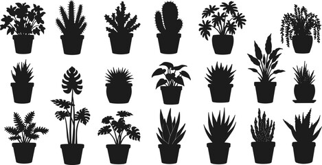 Black potted plant silhouette, cactus vector, succulent outline, tropical leaves, indoor foliage, botanical illustration, houseplant design, decorative shapes, nature art