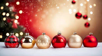 Festive Christmas Ornaments Displayed with Sparkling Lights and Snowflakes in Winter