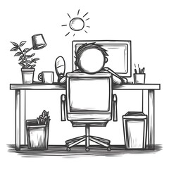 Overwhelmed Office Worker Resting Head on Desk with Computer and Desk Supplies