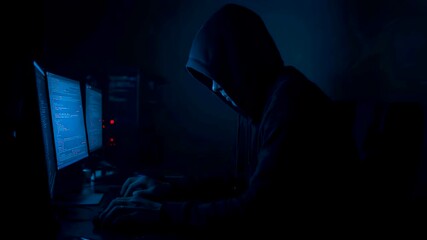 Hooded figure typing at multiple computer monitors in a dark blue room creating an intense cybercrime and hacking scene with dramatic shadows - Powered by Adobe