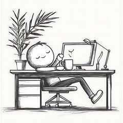 Overworked cartoon character taking a nap at a cluttered work station late at night