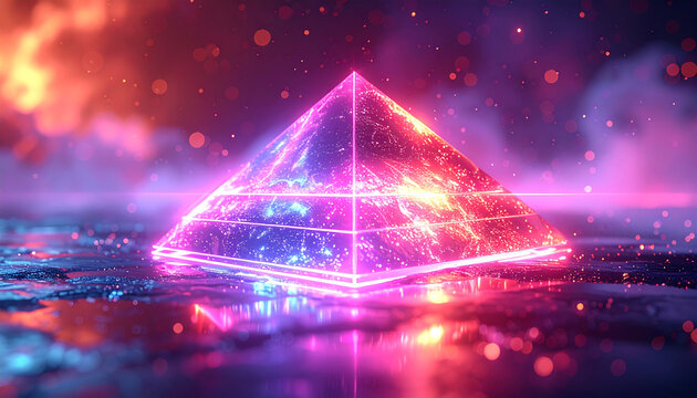 Vibrant neon pyramid glowing with cosmic energy, reflecting in a surreal, dreamlike landscape, perfect for futuristic and technology-themed designs - Powered by Adobe
