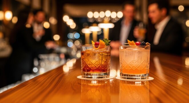 Elegant Cocktails on Bar Counter in Upscale Nightclub with Blurred Group of Men Socializing