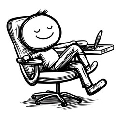 Peaceful stick figure person taking a relaxed nap at a desk beside an open laptop computer