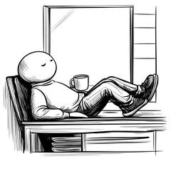 Peaceful Stick Figure Character Resting on a Window Sill with a Coffee Cup