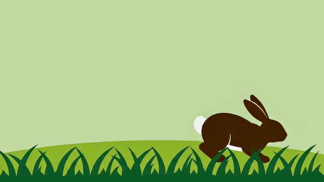 Minimalist animation of a leaping brown rabbit silhouette over stylized green grass