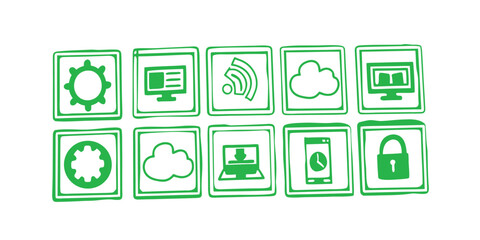 Set of green technology and cloud service icons on white background