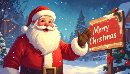 Illustration of Santa standing next to a "Merry Christmas" sign in a snowy, festive winter scene