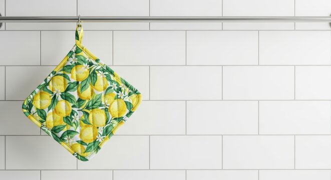 Lemon-patterned pot holder on white tiled kitchen wall