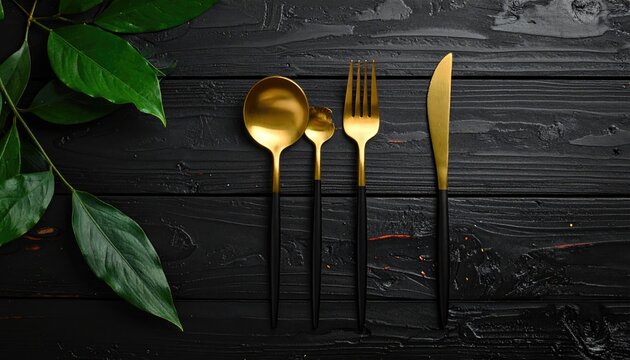 Gold cutlery on dark wood with green leaves