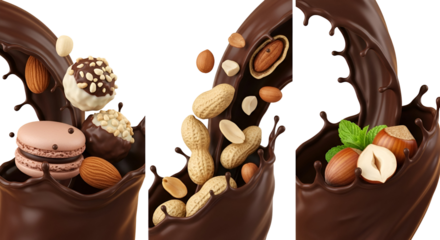 Delicious chocolate splashes with various nuts, macarons, and truffles, isolated on transparent background