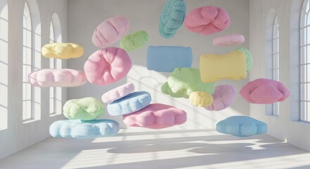 Pastel colored plush cushions float suspended within a brightly lit minimalist room with arched windows