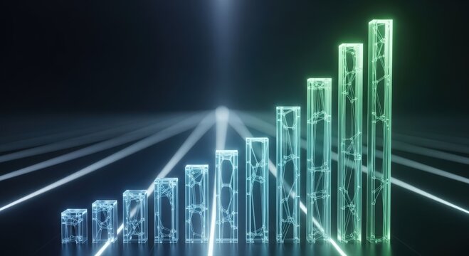 illuminated transparent columns demonstrate project milestones within luminous corporate environment