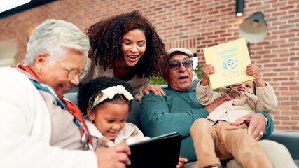Love, home and big family on sofa with tablet, storybook and break for weekend or relax together. Grandparents, mother and children on couch with social media, technology and bonding with connection - Powered by Adobe