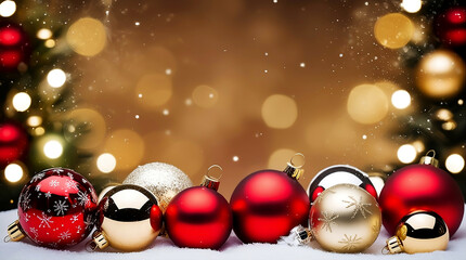 Festive Christmas Ornaments in Red and Gold on Snowy Surface with Bokeh Lights
