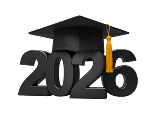 Graduation Cap Resting on Bold 2026 Numbers, Academic Success Concept, Isolated on White Background