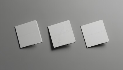 Fototapeta premium Top view of three blank white square brochure mockups on a grey background