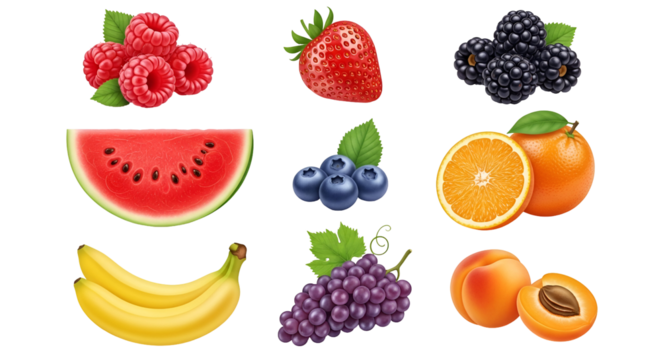 Collection of fresh and colorful fruits including berries, citrus, and tropical, isolated on transparent background