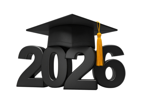 Graduation Cap Resting on Bold 2026 Numbers, Academic Success Concept, Isolated on White Background