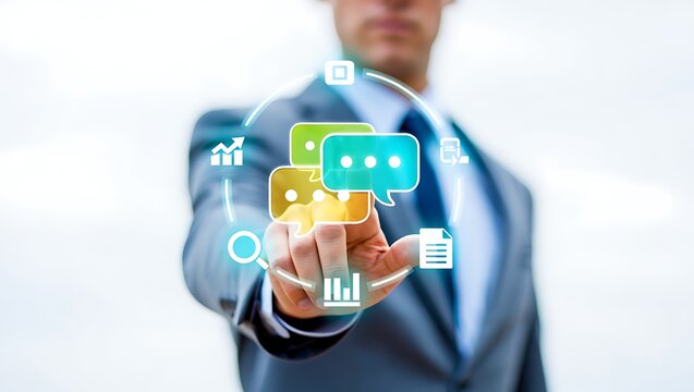 Business man pointing at colorful communication bubble icons on screen concept